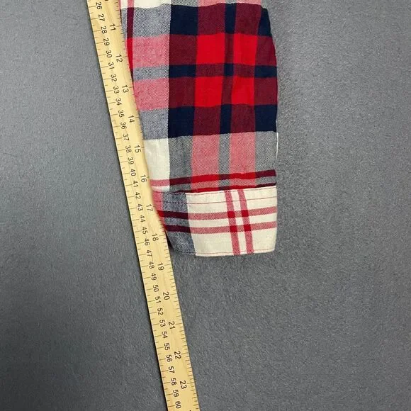 Eddie Bauer Shirt Jacket Women's XL Red Ivory Plaid Hi-Low Button Front Hooded - Picture 11 of 16